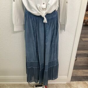 111- Now & Then Blue Maxi Skirt with beautiful detailed designs, Size Large.